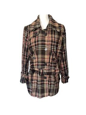 Apollo Plaid Peacoat Womens XL Brown Wool Blend Double-Breasted Belted Coat VTG